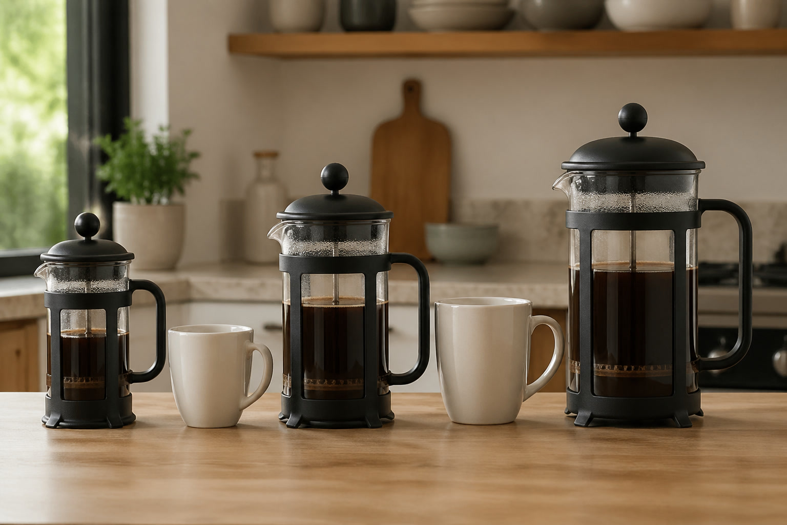 French Press Size Guide for One Mug or a Weekend Table kitchen editorial image