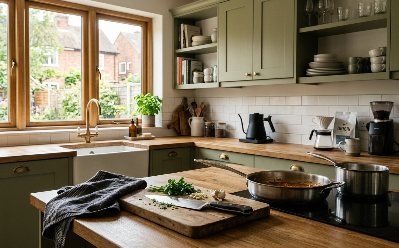 Kitchen counter with cookware ready for practical testing