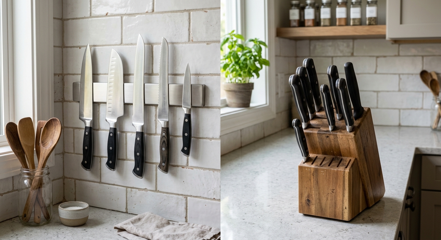 Magnetic Knife Rack vs Knife Block: Storage Trade-offs kitchen editorial image