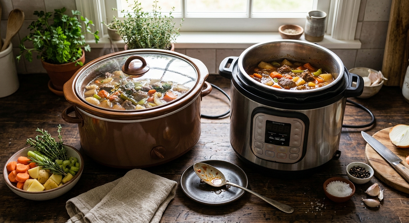 Slow Cooker or Pressure Cooker? Different Problems, Different Tools kitchen editorial image